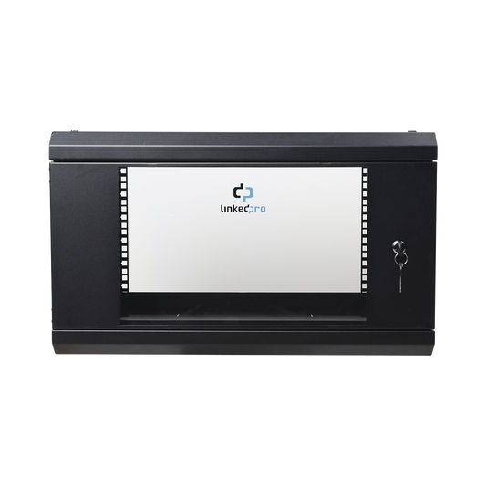 SR-1906-LH3G - Gabinete de Pared de 6U con Puerta de Cristal Templado, 455 mm de Profundidad Total, Rack de 19in, Acero Reforzado Color Negro.