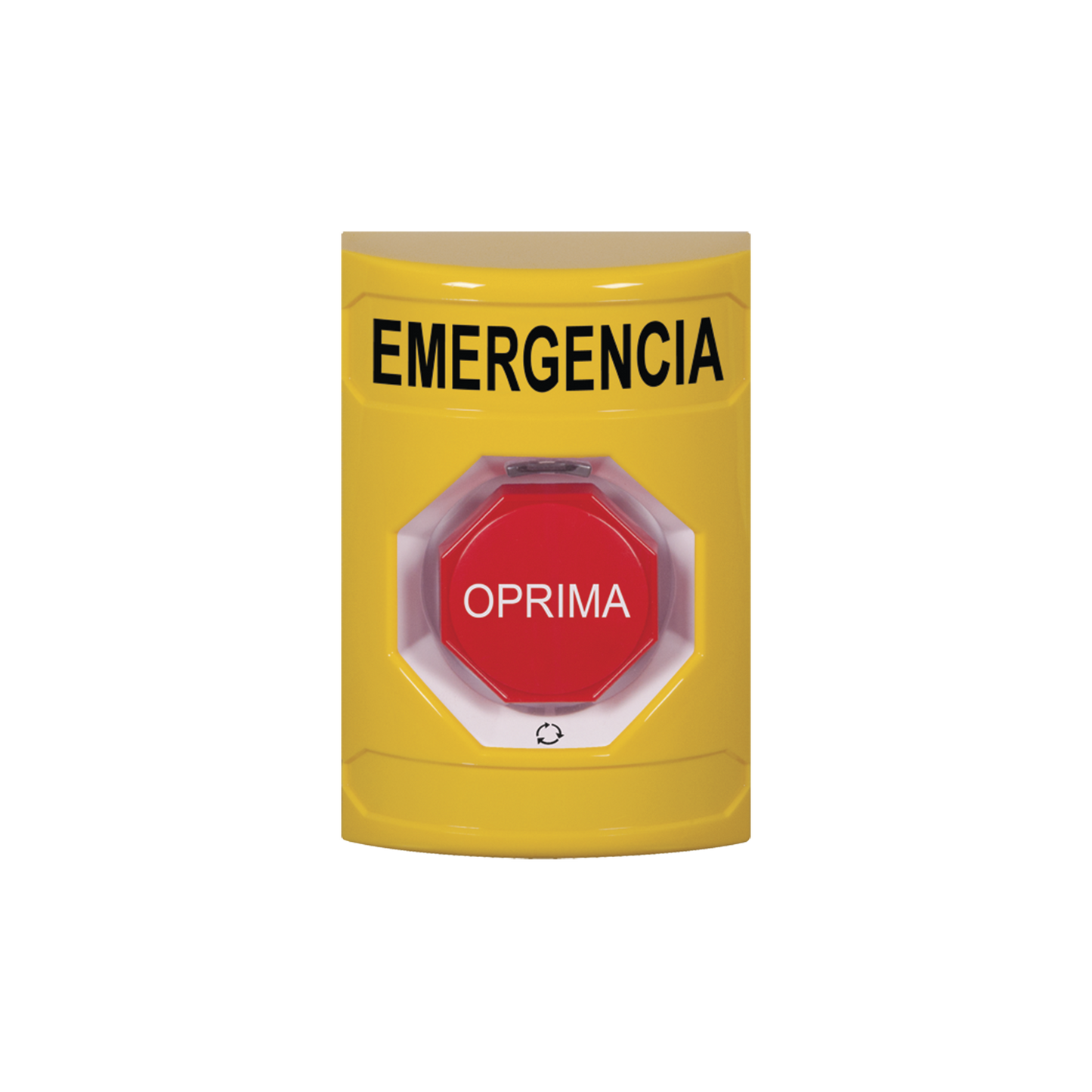 SS2209EM-ES Botón de Emergencia en Español, Color Amarillo, Acción Mantenida, Girar para Restablecer y LED Multicolor