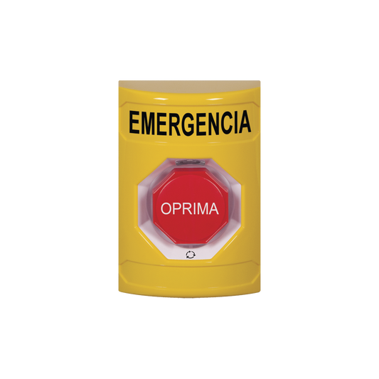 SS2209EM-ES Botón de Emergencia en Español, Color Amarillo, Acción Mantenida, Girar para Restablecer y LED Multicolor
