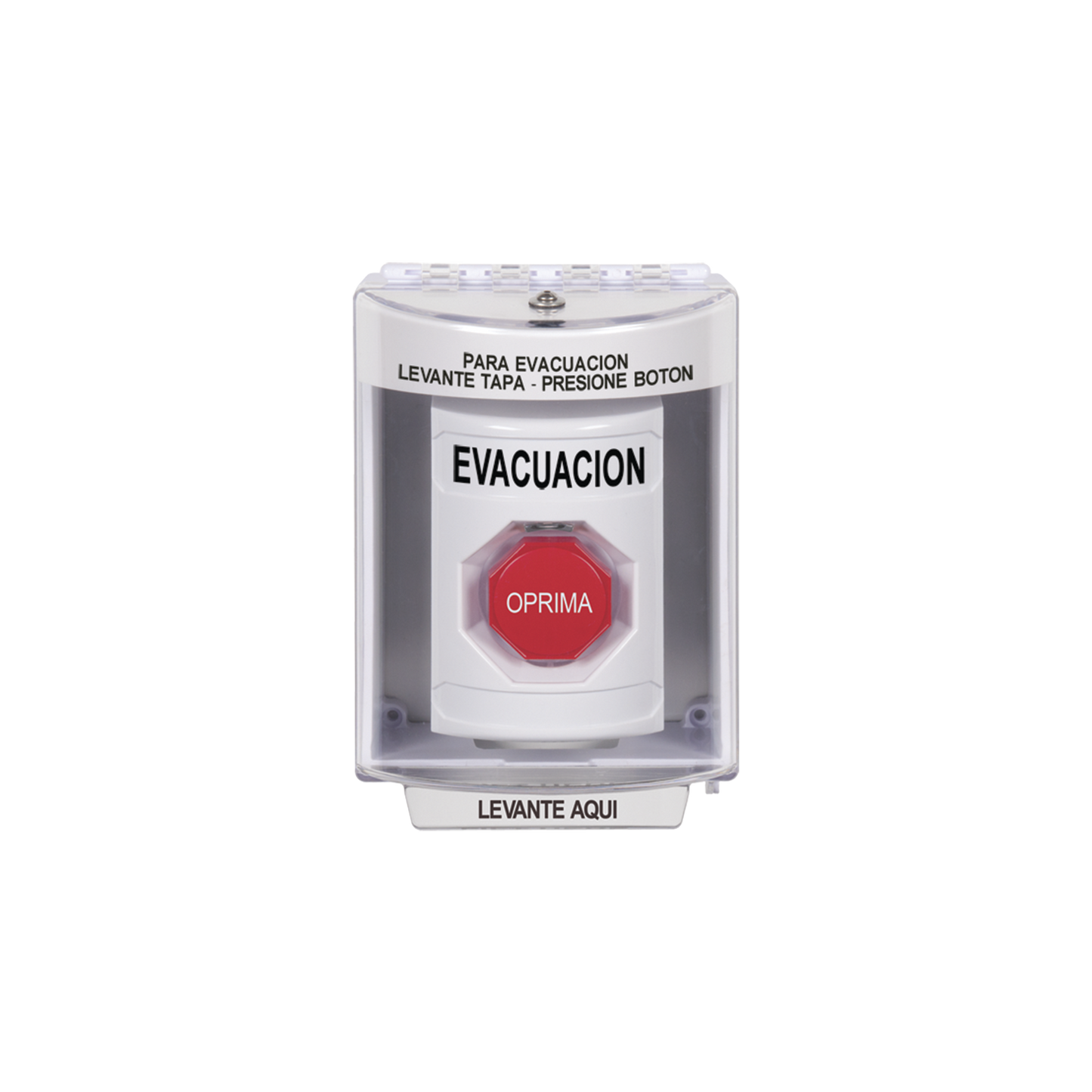 SS2382EV-ES Botón de Evacuación, Cubierta de Policarbonato Súper Resistente de Superficie con Espaciador, Restablecimiento con Llave, Con Bocina de Advertencia