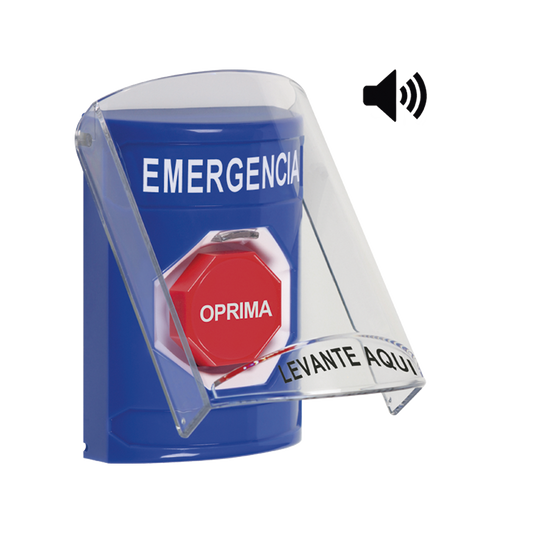 SS24A2EM-ES Botón Multipropósito, Color Azul, De Superficie, Con Tapa De Policarbonato, Con Bocina, Para Interior, Llave Para Restablecer, Texto De Emergencia, Español