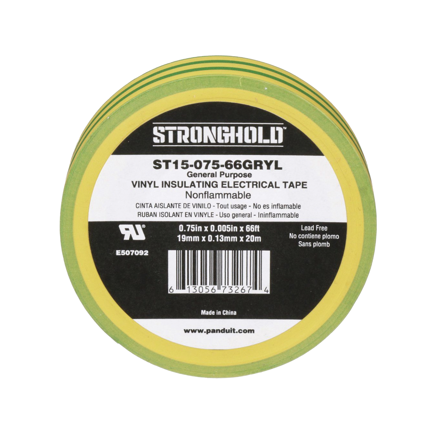 ST15-075-66-GRYL - Cinta Eléctrica STRONGHOLD para Aislar, de PVC, Uso Construcción General en Tierras Físicas, Grosor de 0.13 mm (5 mil), Ancho de 19.05 mm, y 20.12 m de Largo, Color Amarillo/Verde.