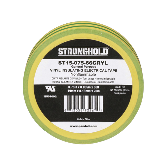 ST15-075-66-GRYL - Cinta Eléctrica STRONGHOLD para Aislar, de PVC, Uso Construcción General en Tierras Físicas, Grosor de 0.13 mm (5 mil), Ancho de 19.05 mm, y 20.12 m de Largo, Color Amarillo/Verde.