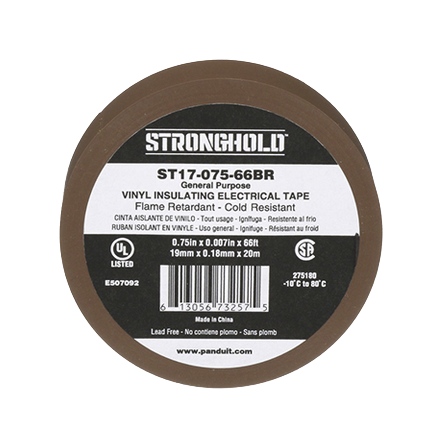 ST17-075-66BR - Cinta Eléctrica STRONGHOLD para Aislar, de PVC, Uso General Reparación y Mantenimiento, Grosor de 0.18mm (7 mil), Ancho de 19mm, y 20.12m de Largo, Color Café