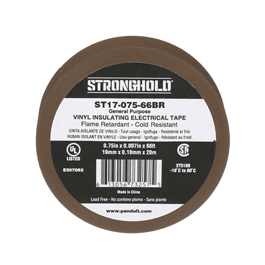 ST17-075-66BR - Cinta Eléctrica STRONGHOLD para Aislar, de PVC, Uso General Reparación y Mantenimiento, Grosor de 0.18mm (7 mil), Ancho de 19mm, y 20.12m de Largo, Color Café