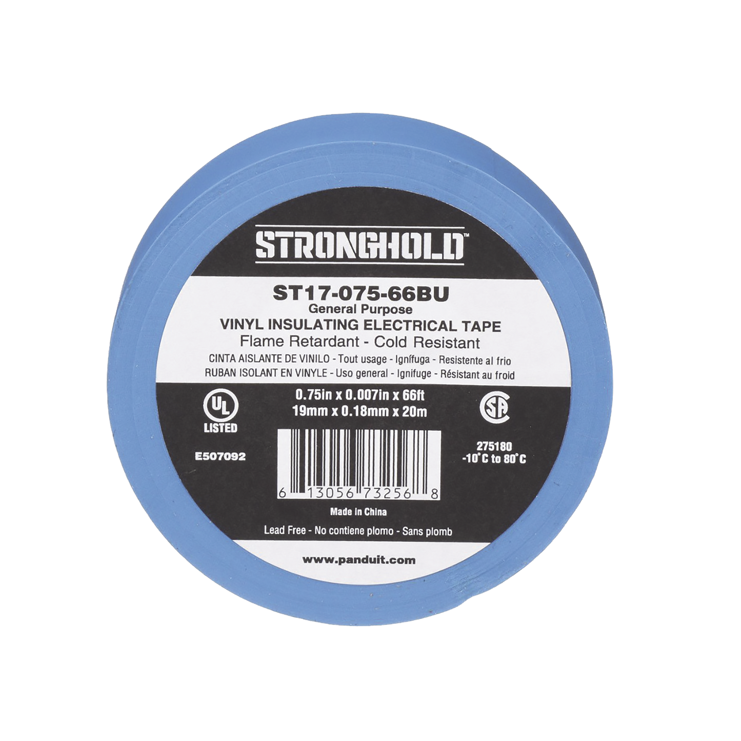 ST17-075-66BU - Cinta Eléctrica STRONGHOLD para Aislar, de PVC, Uso General Reparación y Mantenimiento, Grosor de 0.18mm (7 mil), Ancho de 19mm, y 20.12m de Largo, Color Azul