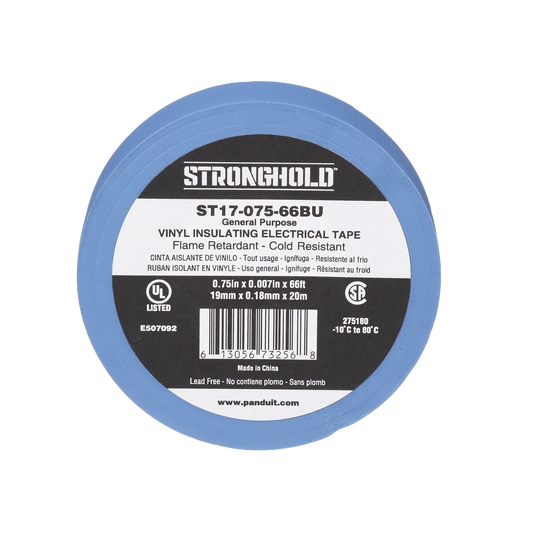 ST17-075-66BU - Cinta Eléctrica STRONGHOLD para Aislar, de PVC, Uso General Reparación y Mantenimiento, Grosor de 0.18mm (7 mil), Ancho de 19mm, y 20.12m de Largo, Color Azul