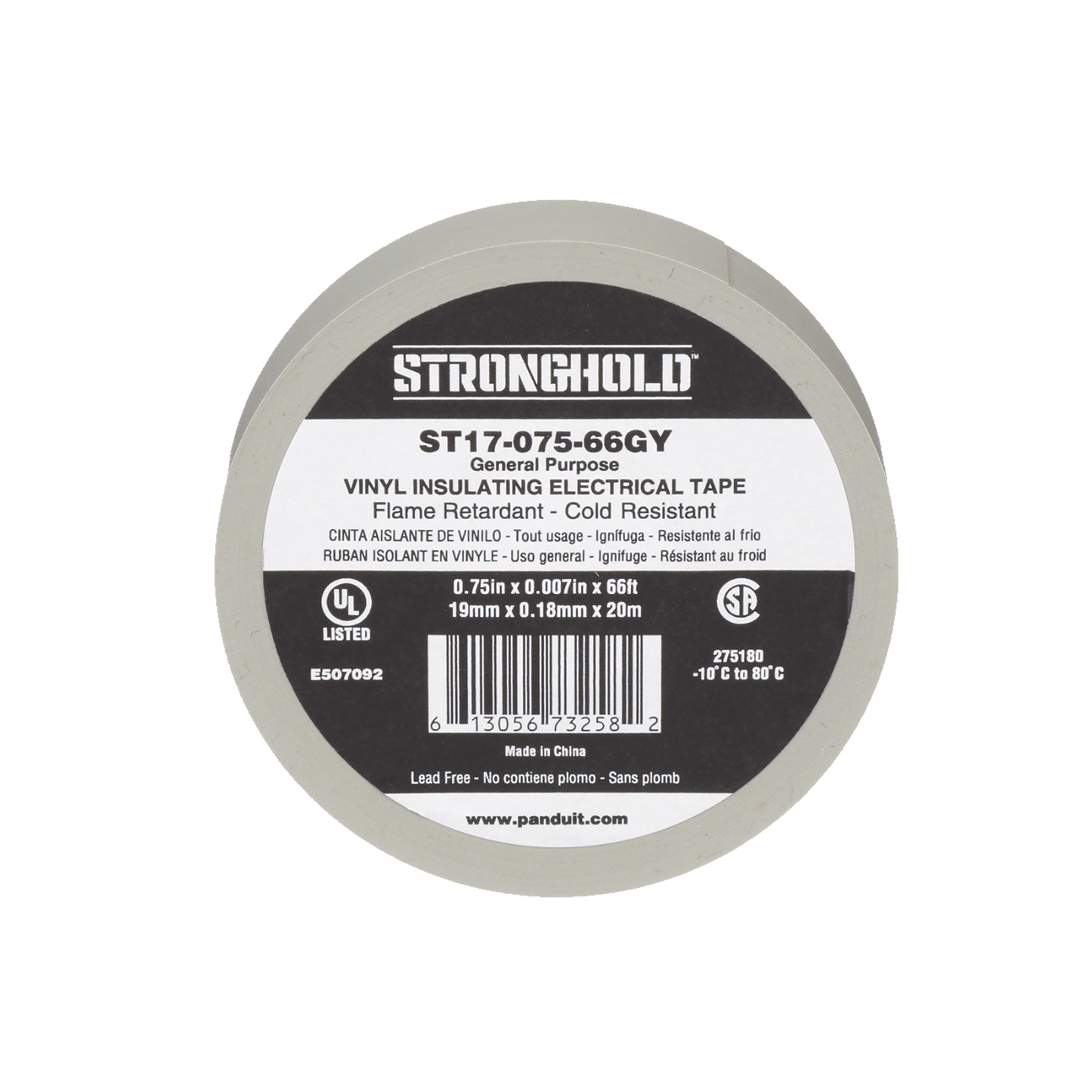 ST17-075-66GY - Cinta Eléctrica STRONGHOLD para Aislar, de PVC, Uso General Reparación y Mantenimiento, Grosor de 0.18mm (7 mil), Ancho de 19mm, y 20.12m de Largo, Color Gris
