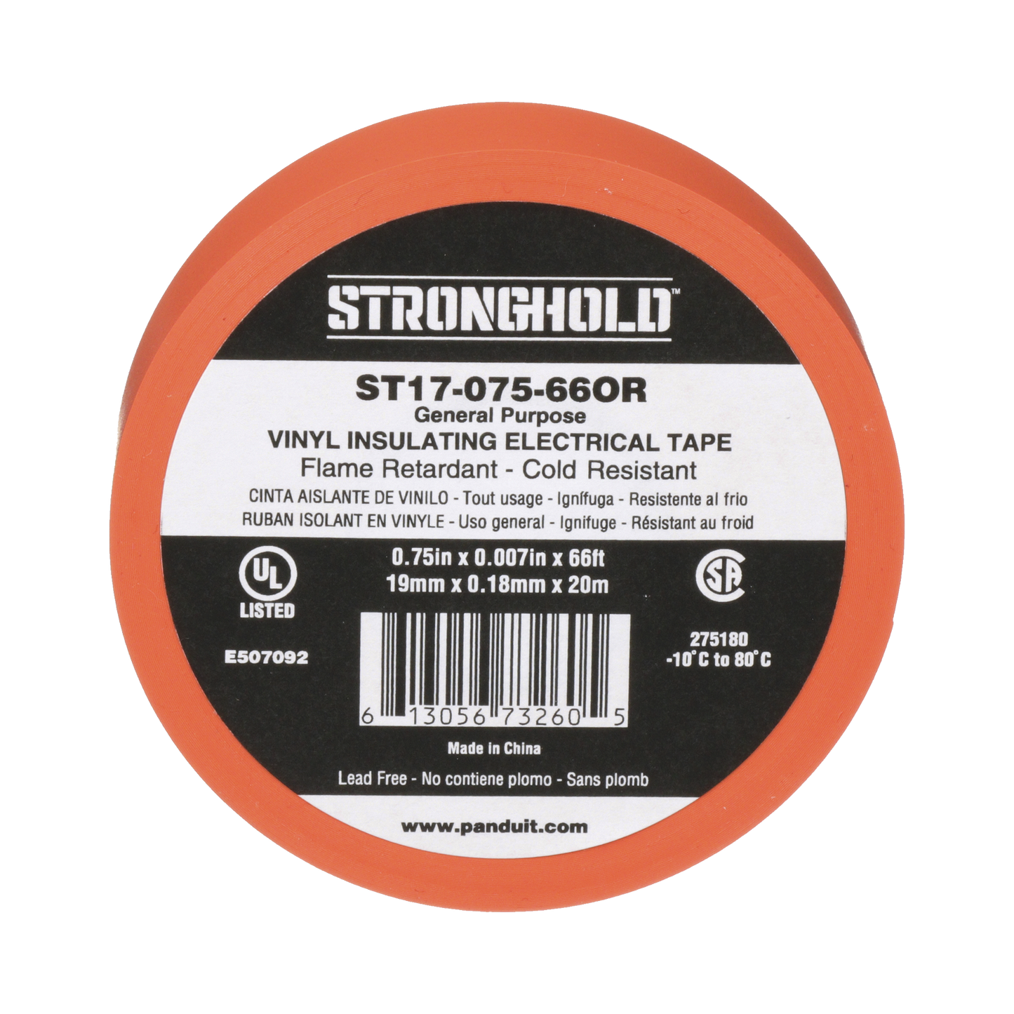ST17-075-66OR - Cinta Eléctrica STRONGHOLD para Aislar, de PVC, Uso General Reparación y Mantenimiento, Grosor de 0.18mm (7 mil), Ancho de 19mm, y 20.12m de Largo, Color Naranja