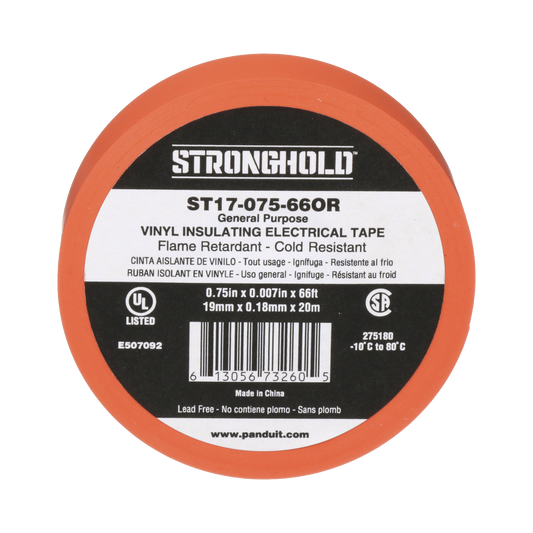 ST17-075-66OR - Cinta Eléctrica STRONGHOLD para Aislar, de PVC, Uso General Reparación y Mantenimiento, Grosor de 0.18mm (7 mil), Ancho de 19mm, y 20.12m de Largo, Color Naranja