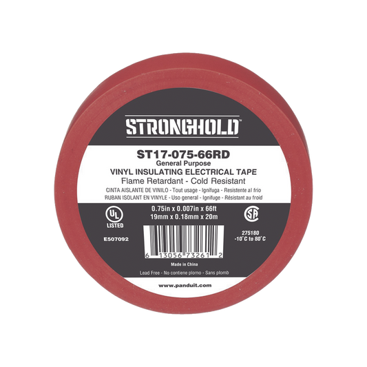 ST17-075-66RD - Cinta Eléctrica STRONGHOLD para Aislar, de PVC, Uso General Reparación y Mantenimiento, Grosor de 0.18mm (7 mil), Ancho de 19mm, y 20.12m de Largo, Color Rojo