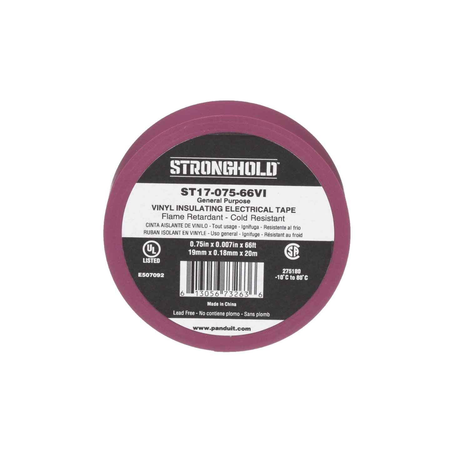 ST17-075-66VI - Cinta Eléctrica STRONGHOLD para Aislar, de PVC, Uso General Reparación y Mantenimiento, Grosor de 0.18mm (7 mil), Ancho de 19mm, y 20.12m de Largo, Color Violeta