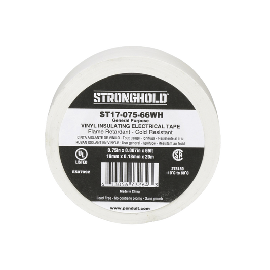 ST17-075-66WH - Cinta Eléctrica STRONGHOLD para Aislar, de PVC, Uso General Reparación y Mantenimiento, Grosor de 0.18mm (7 mil), Ancho de 19mm, y 20.12m de Largo, Color Blanco