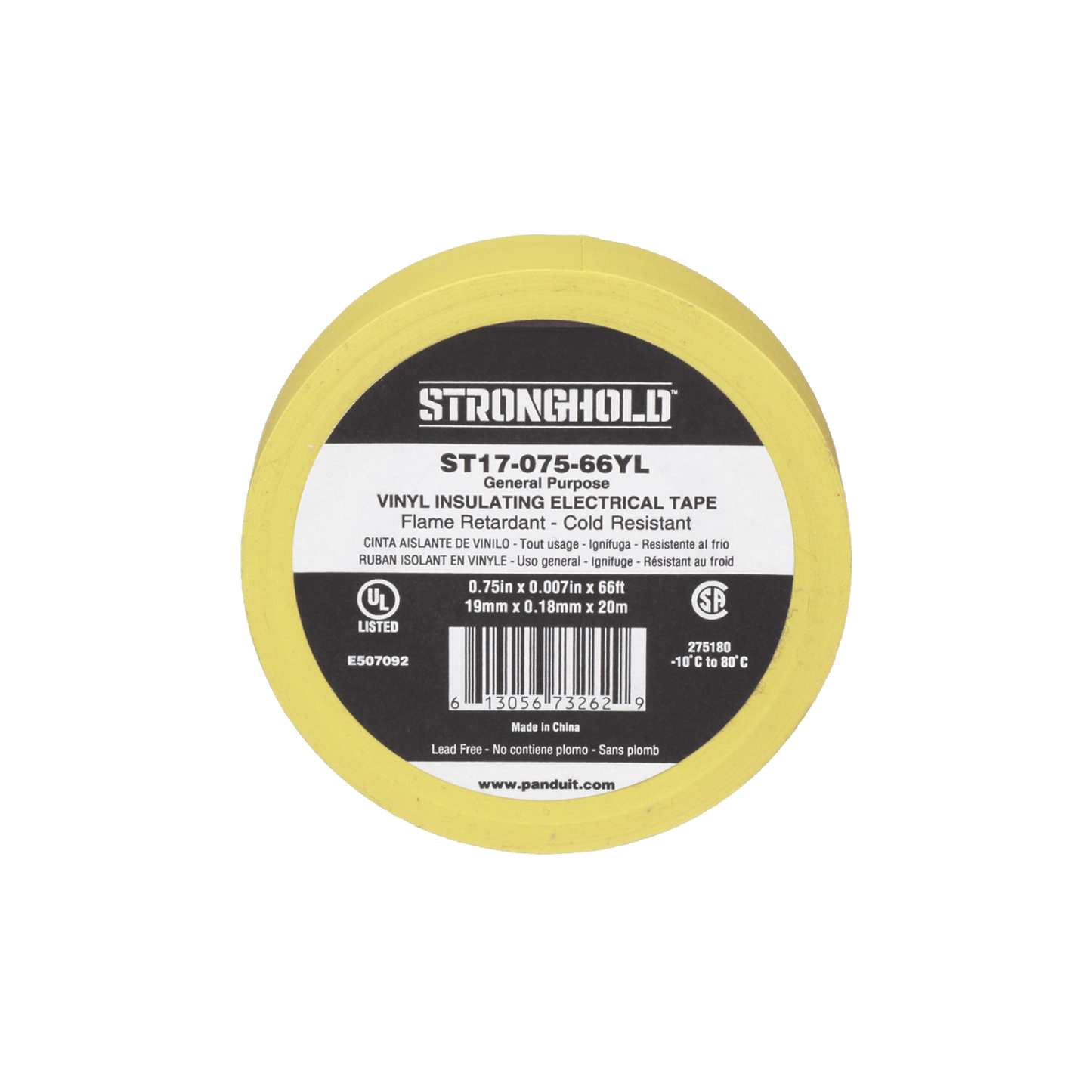ST17-075-66YL - Cinta Eléctrica STRONGHOLD para Aislar, de PVC, Uso General Reparación y Mantenimiento, Grosor de 0.18mm (7 mil), Ancho de 19mm, y 20.12m de Largo, Color Amarillo