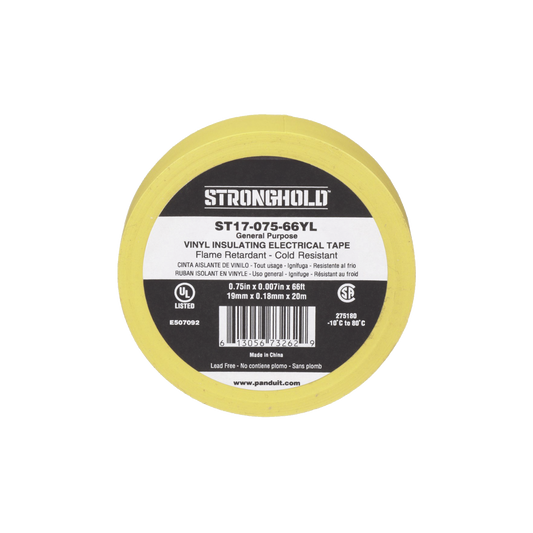 ST17-075-66YL - Cinta Eléctrica STRONGHOLD para Aislar, de PVC, Uso General Reparación y Mantenimiento, Grosor de 0.18mm (7 mil), Ancho de 19mm, y 20.12m de Largo, Color Amarillo