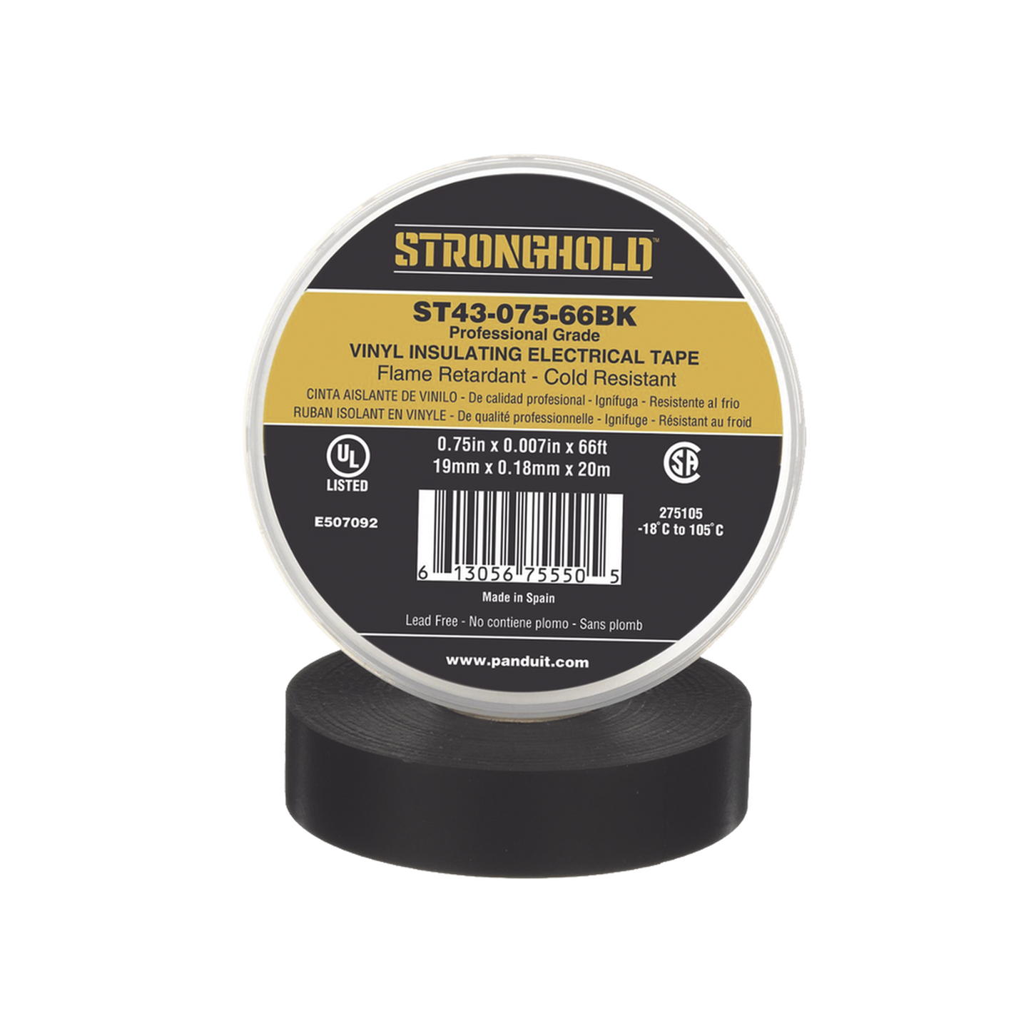 ST43-075-66BK - Cinta Eléctrica STRONGHOLD para Aislar, de PVC, Uso Profesional en Construcción Eléctrica, Grosor 0.18mm (7 mil), Ancho 19mm, y 20m Largo, Color Negro.