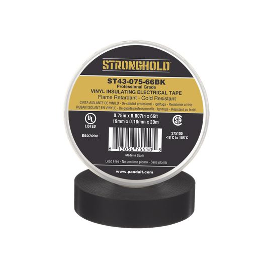 ST43-075-66BK - Cinta Eléctrica STRONGHOLD para Aislar, de PVC, Uso Profesional en Construcción Eléctrica, Grosor 0.18mm (7 mil), Ancho 19mm, y 20m Largo, Color Negro.