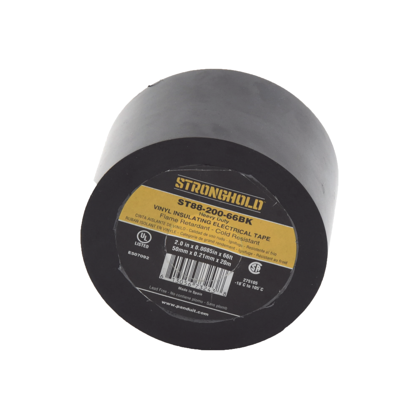 ST88-200-66BK Cinta Eléctrica STRONGHOLD Para Aislar, de PVC, Trabajo Pesado Eléctrico (UV, abrasión, aceite, corrosión), Grosor 0.21 mm (8.5 mil), Ancho 50 mm, y 20 m Largo, Uso Int./Ext., Color Negro. Superior a cinta Super 33