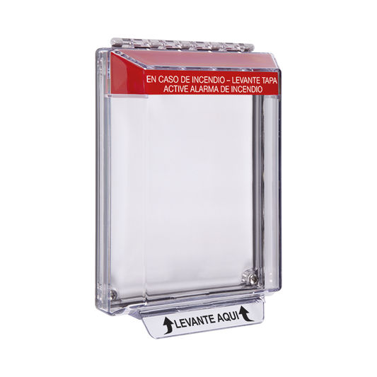 STI-14020FR-ES Cubierta Universal Transparente, de Bajo Perfil, Texto de Incendio en Español, Notificación Audible y Visible