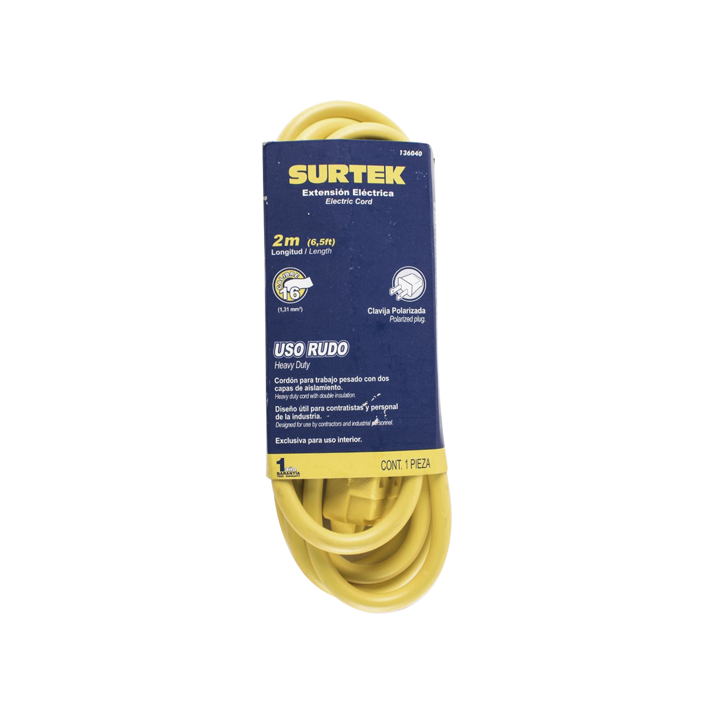SYS-136040 - Extensión Eléctrica de Uso Rudo 2 metros / 127 V CA 10 A Máximo /  Color Amarillo.