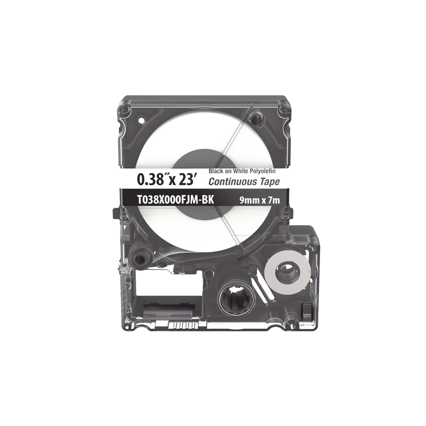 T038X000FJM-BK - Casete de Etiquetas de Poliolefina de Cinta Continua, Color Negro Sobre Blanco, Uso Interior/Exterior, 9 mm de Ancho x 7 Metros de Largo (22.97 Pies)