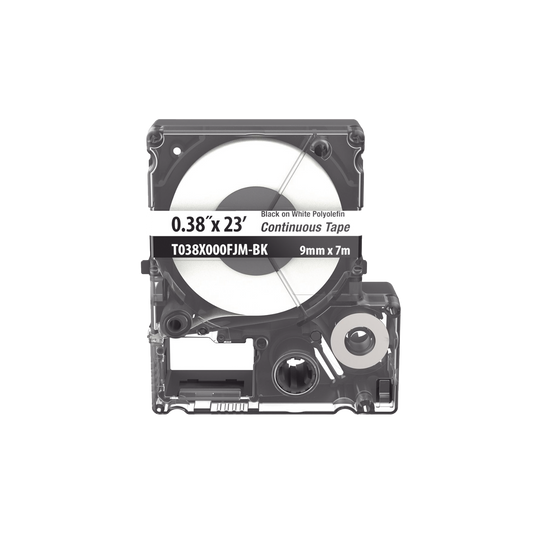 T038X000FJM-BK - Casete de Etiquetas de Poliolefina de Cinta Continua, Color Negro Sobre Blanco, Uso Interior/Exterior, 9 mm de Ancho x 7 Metros de Largo (22.97 Pies)