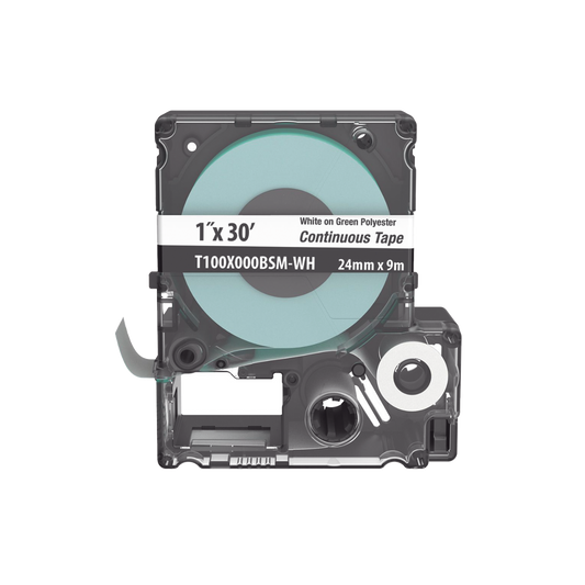 T100X000BSM-WH - Casete de Etiquetas de Poli�ster de Cinta Continua, Color Blanco Sobre Verde, Uso Interior/Exterior, 24 mm (0.94 Pulgadas) de Ancho x 9.1 Metros (29.86 Pies) de Largo