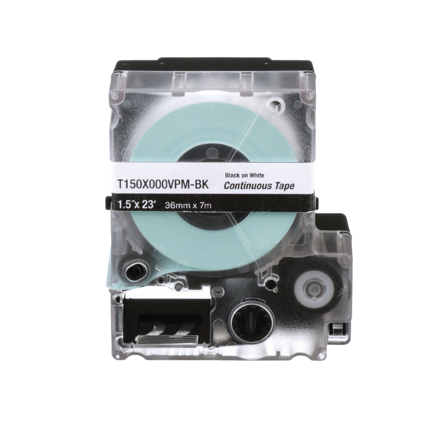 T150X000VPM-BK - Casete de Etiquetas de Vinilo de Cinta Continua, Color Negro Sobre Blanco, Uso Interior/Exterior, 36 mm (1.42 Pulgadas) de Ancho x 7.6 Metros (24.93 Pies) de Largo