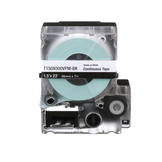 T150X000VPM-BK - Casete de Etiquetas de Vinilo de Cinta Continua, Color Negro Sobre Blanco, Uso Interior/Exterior, 36 mm (1.42 Pulgadas) de Ancho x 7.6 Metros (24.93 Pies) de Largo