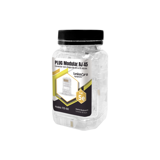 TC5-100 - Bote con 100 Piezas de Plug Modular RJ45 Cat5e sin Blindaje, Chapado de Oro a 30 Micras para Durabilidad Extrema