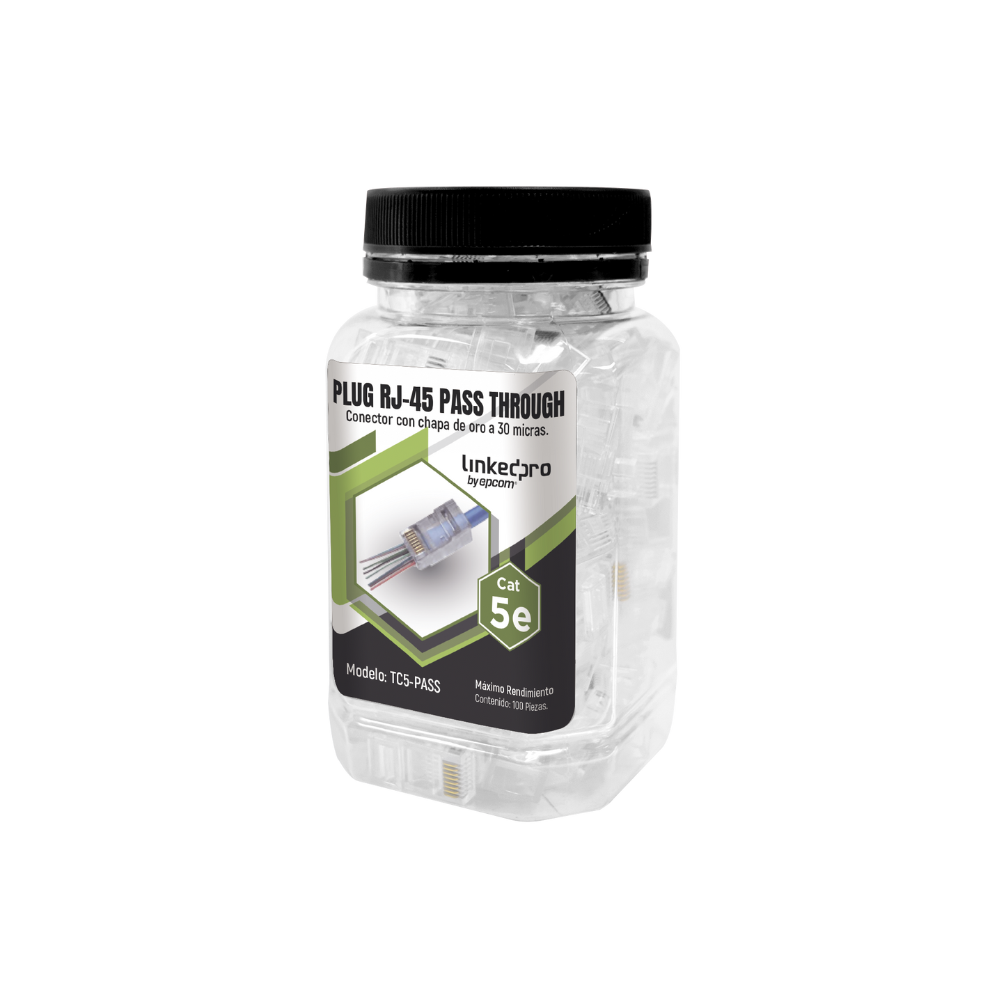 TC5-PASS - Bote con 100 Plugs Pass Through RJ45 Cat5e sin Blindaje, Chapado de Oro a 30 Micras para Durabilidad Extrema