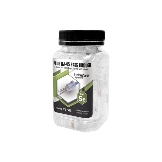 TC5-PASS - Bote con 100 Plugs Pass Through RJ45 Cat5e sin Blindaje, Chapado de Oro a 30 Micras para Durabilidad Extrema