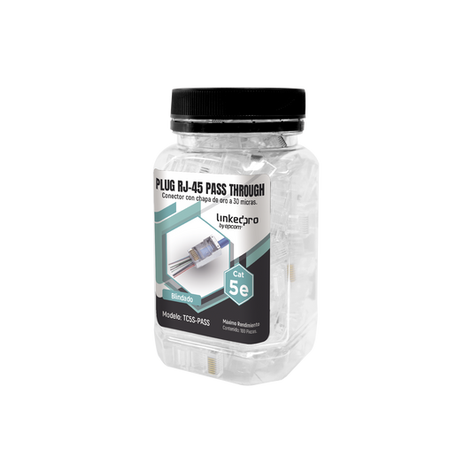 TC5S-PASS - Bote con 100 Plugs Pass Through RJ45 Cat5e Blindado, Chapado de Oro a 30 Micras para Durabilidad Extrema
