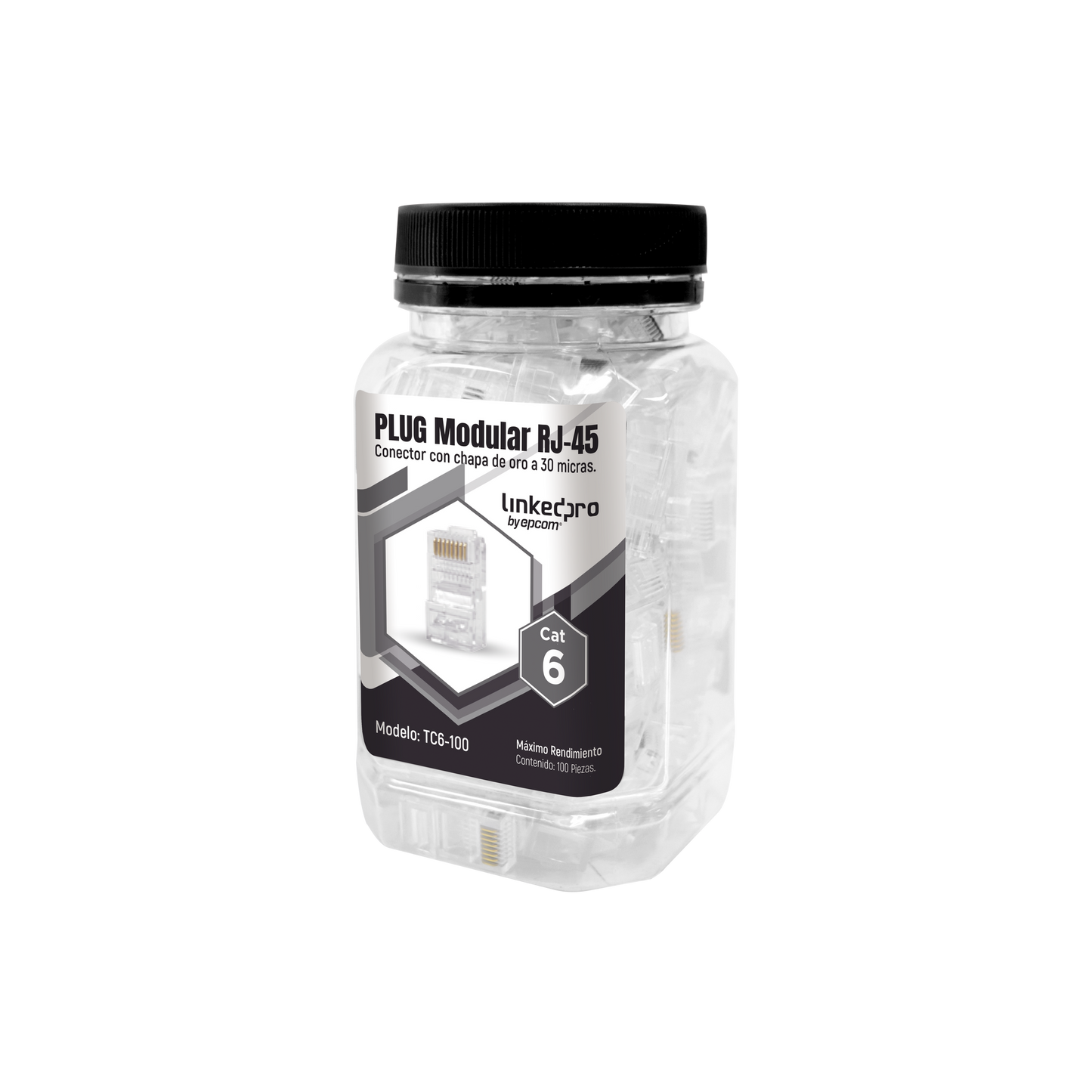 TC6-100 - Bote con 100 Piezas de Plug Modular RJ45 Cat6 sin Blindaje, Chapado de Oro a 30 Micras para Durabilidad Extrema