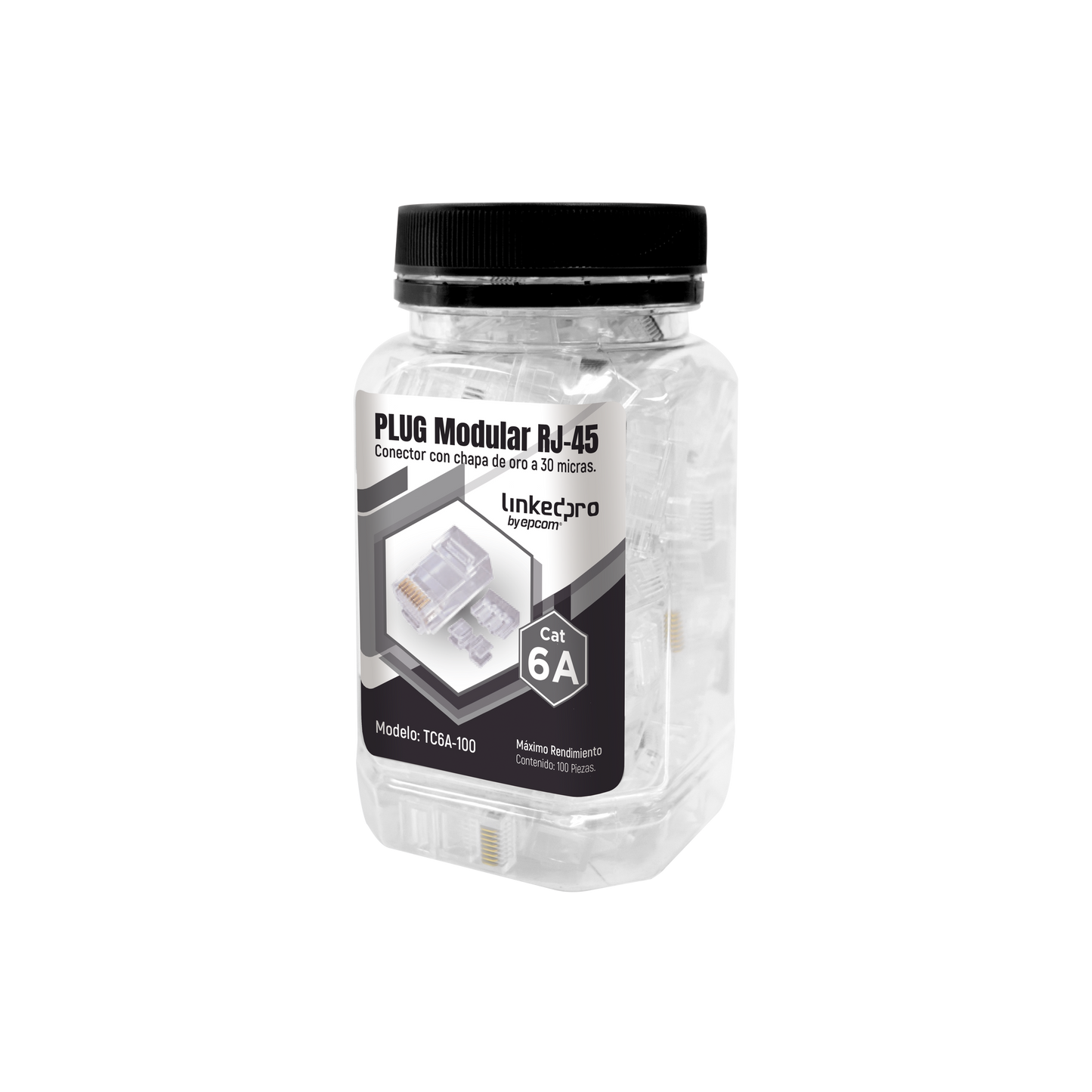 TC6A-100 - Bote con 100 Piezas de Plug Modular RJ45 Cat6A Chapado de Oro a 30 Micras para Durabilidad Extrema