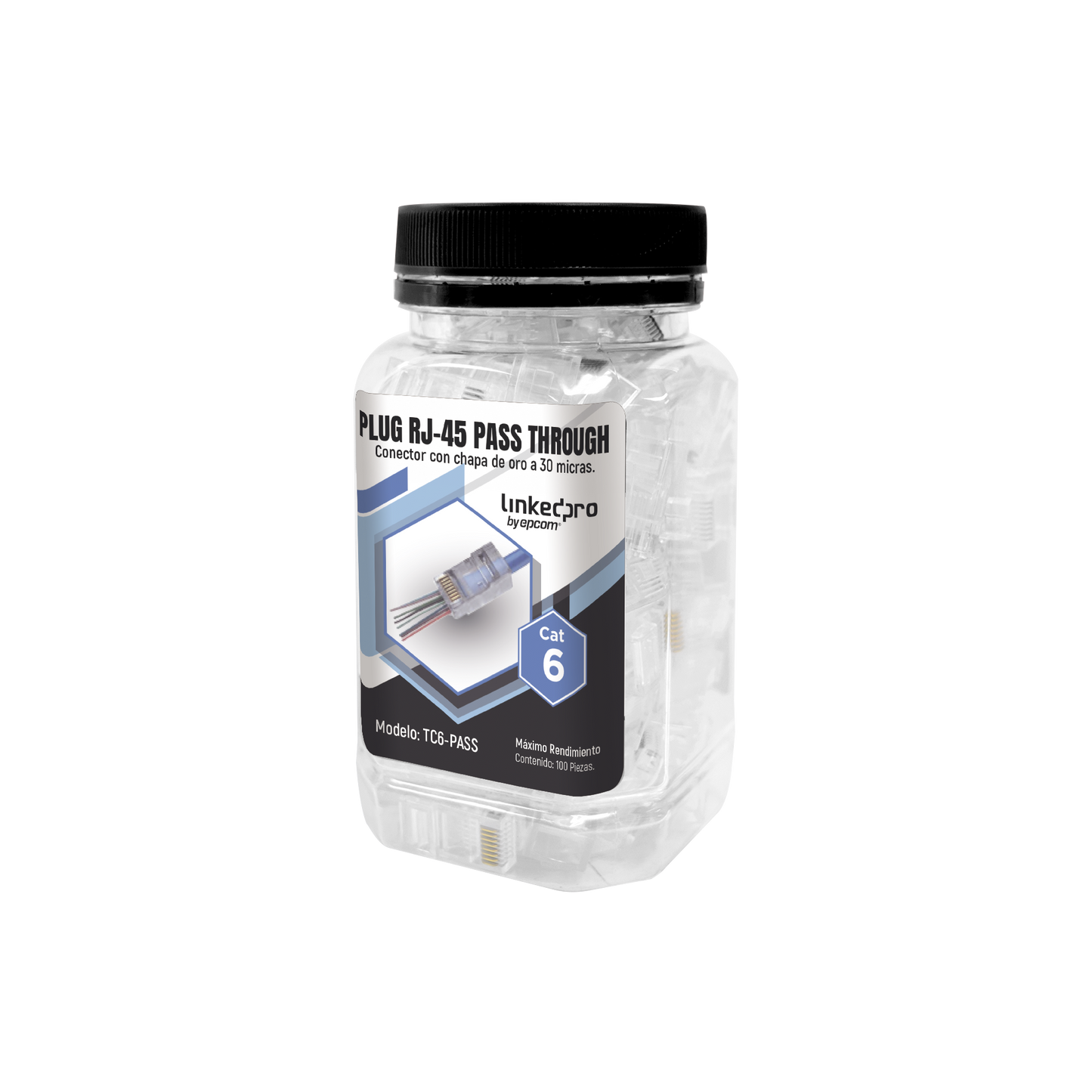 TC6-PASS - Bote con 100 Plugs Pass Through RJ45 Cat6 sin Blindaje, Chapado de Oro a 30 Micras para Durabilidad Extrema