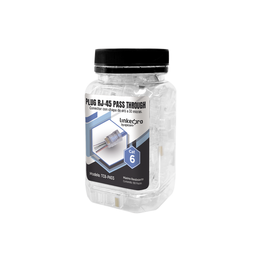TC6-PASS - Bote con 100 Plugs Pass Through RJ45 Cat6 sin Blindaje, Chapado de Oro a 30 Micras para Durabilidad Extrema