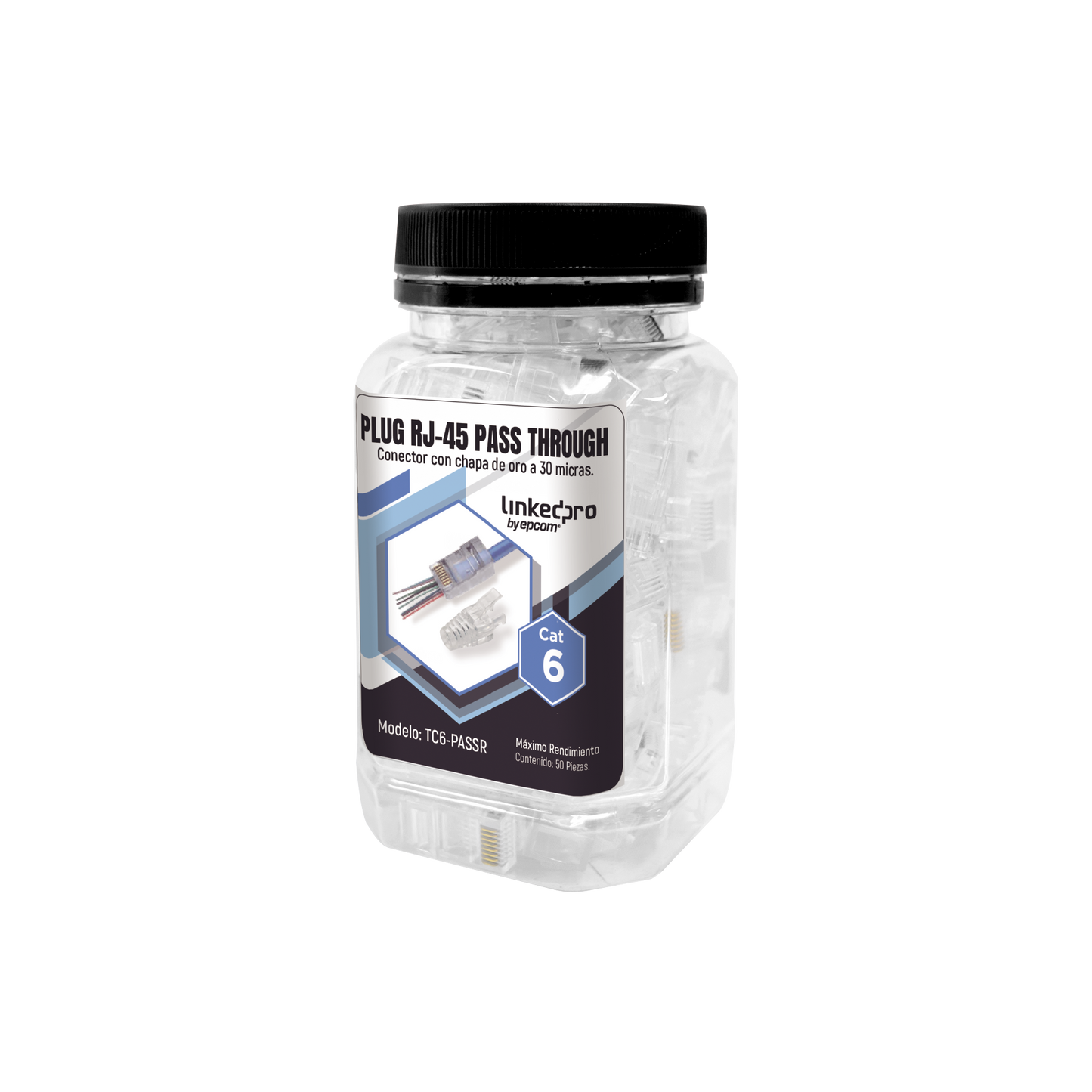 TC6-PASSR - Bote con 50 Plugs Pass Through RJ45 Cat6 sin Blindaje, con Alivio de Tensi�n Incluido, Chapado de Oro a 30 Micras para Durabilidad Extrema