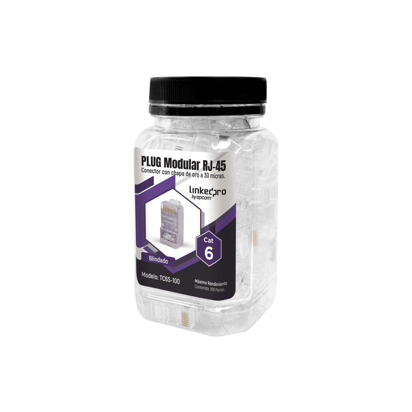 TC6S-100 - Bote con 100 Piezas de Plug Modular RJ45 Cat6 Blindado, Chapado de Oro a 30 Micras para Durabilidad Extrema SIN PIN de Tierra