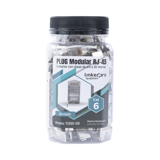 TC6SG-100 - Bote con 100 Piezas de Plug Modular RJ45 Cat6 Blindado con Pin de Tierra, Chapado de Oro a 30 Micras para Durabilidad Extrema