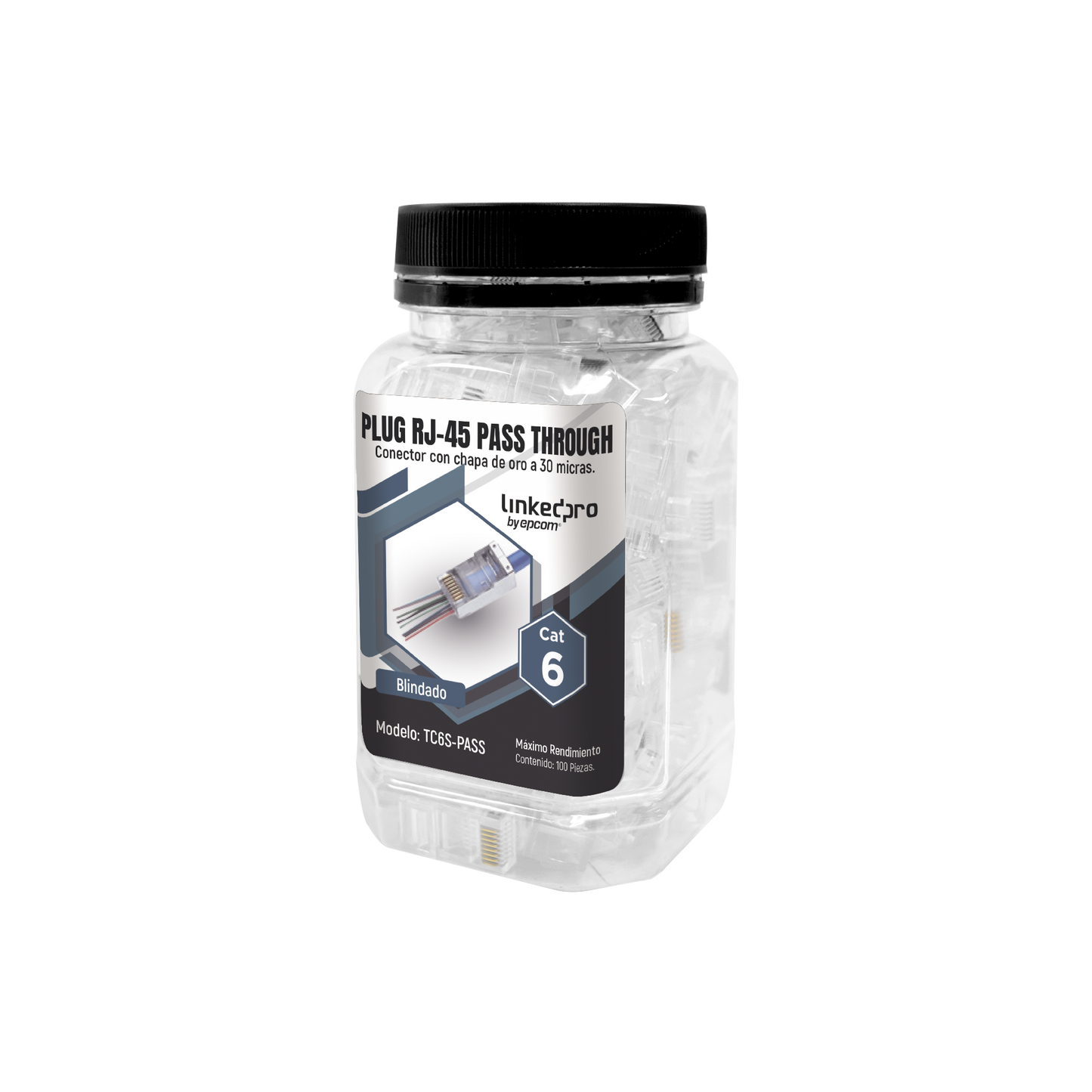 TC6S-PASS - Bote con 100 Plugs Pass Through RJ45 Cat6 Blindado Chapado de Oro a 30 Micras para Durabilidad Extrema