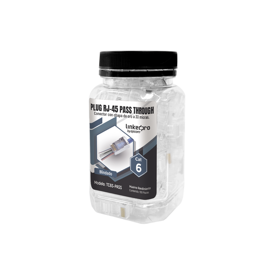 TC6S-PASS - Bote con 100 Plugs Pass Through RJ45 Cat6 Blindado Chapado de Oro a 30 Micras para Durabilidad Extrema