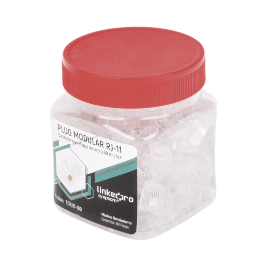 TCRJ11-100 - Bote con 100 Piezas de Plug Modular Tipo RJ11 de 4 Contactos Chapado de Oro a 50 Micras