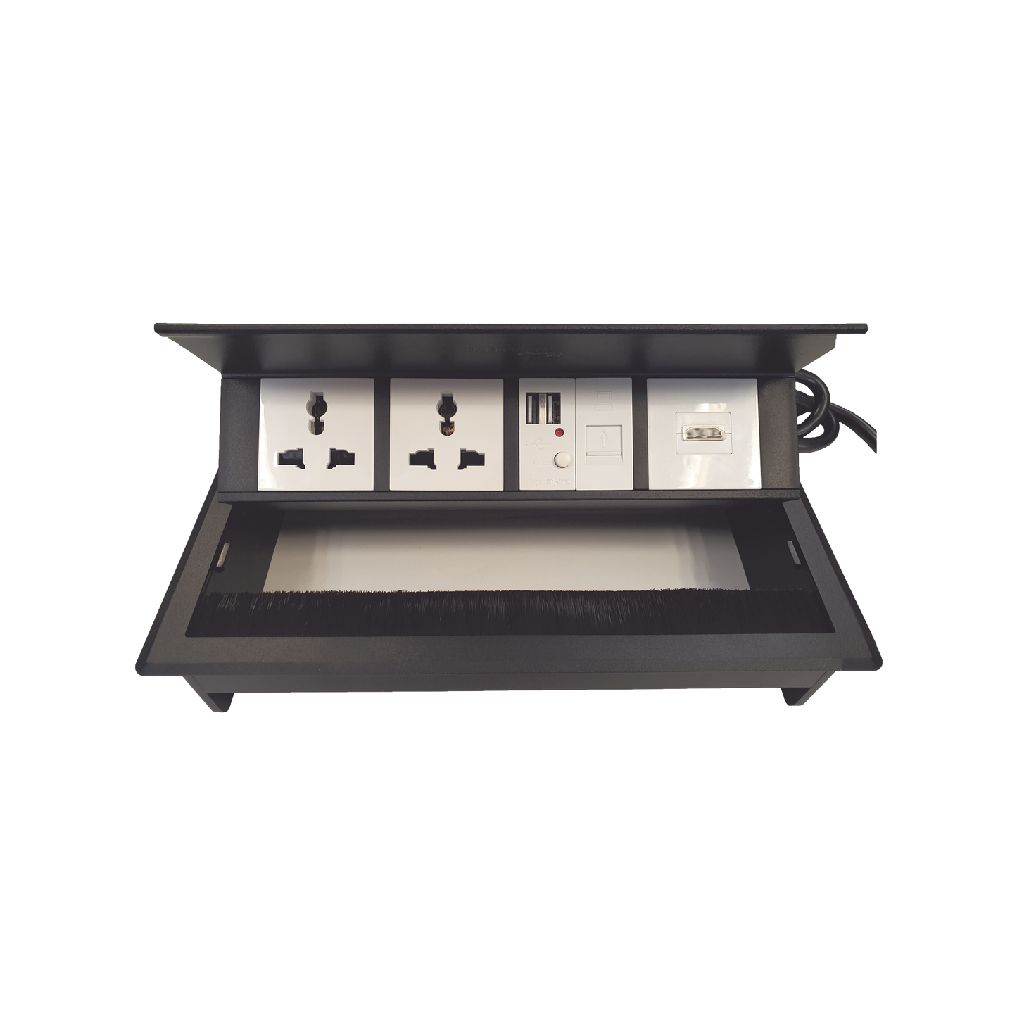 THMC-HBOX - Caja Horizontal Tipo Hub para Escritorio Color Negro, con 1 Puerto HDMI Hembra-Hembra, 1 Puerto RJ45 Cat6, 2 Puertos USB (Solo Carga), y 2 Contactos El�ctricos Universales