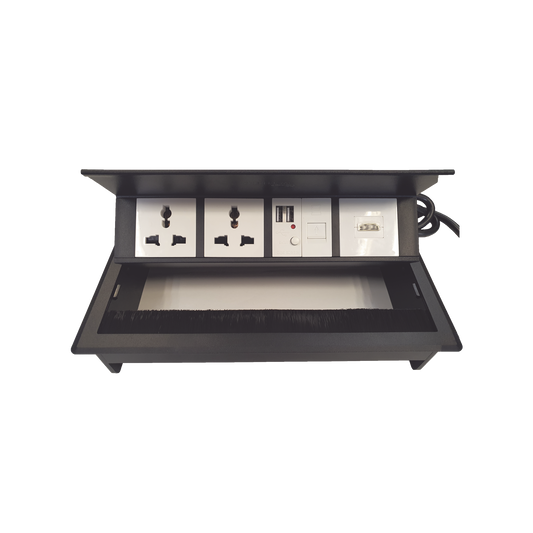 THMC-HBOX - Caja Horizontal Tipo Hub para Escritorio Color Negro, con 1 Puerto HDMI Hembra-Hembra, 1 Puerto RJ45 Cat6, 2 Puertos USB (Solo Carga), y 2 Contactos El�ctricos Universales