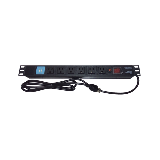 THTCM6CUSB - Tomacorriente Horizontal (PDU) de 6 contactos (NEMA 5-15R) + 2 USB para instalación en Rack de 19", 1UR, 125 Vca/ 15 A (THE0040091001001)