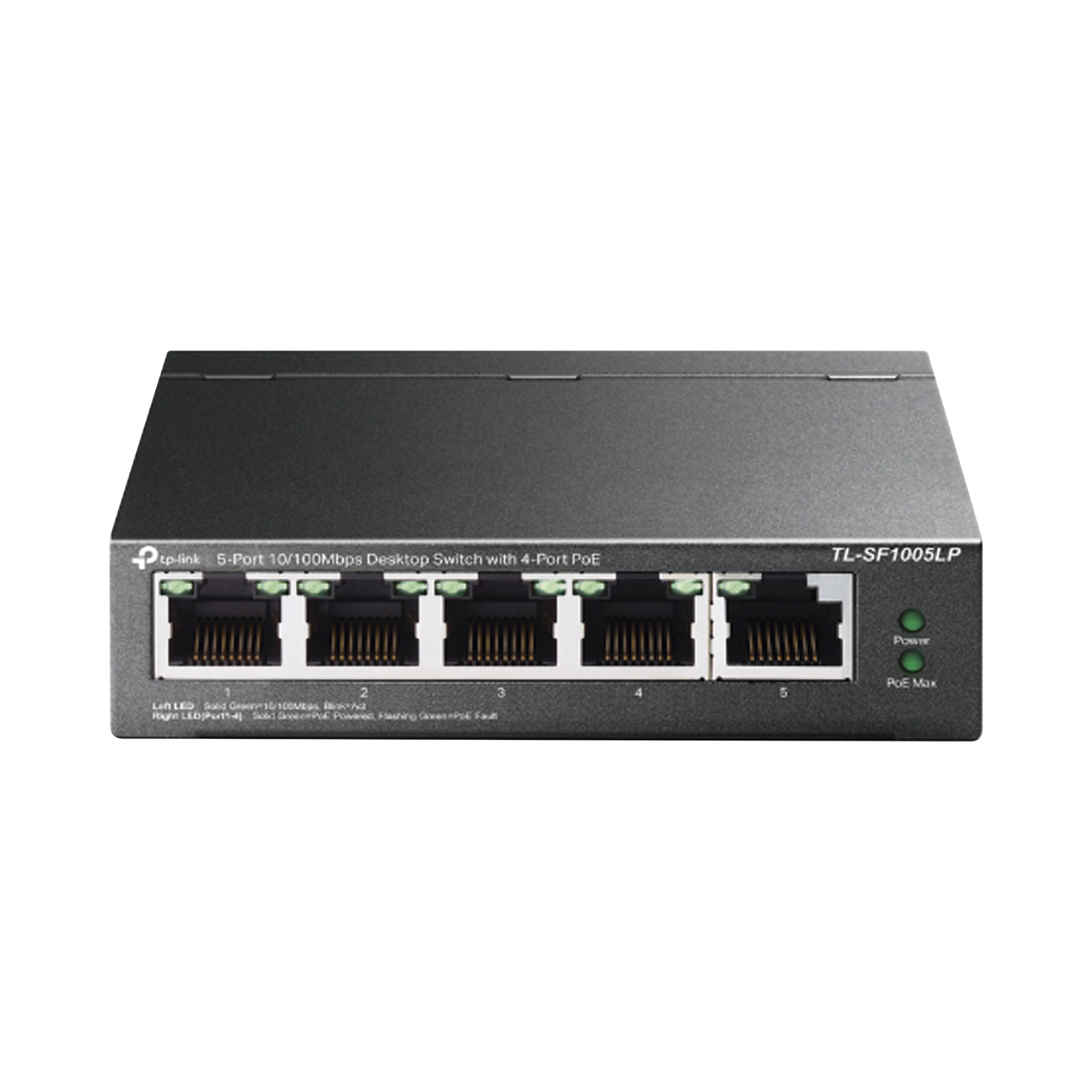 TLSF1005LP Switch PoE No Administrable de Escritorio / 5 puertos 10/100 Mbps / 4 puertos PoE af / Presupuesto 41 W / Modo extensor PoE hasta 250 metros / Calidad video prioritaria