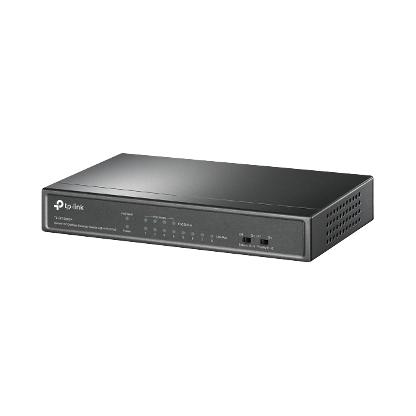 TLSF1008LP Switch PoE No Administrable de Escritorio / 8 puertos 10/100 Mbps / 4 puertos PoE af / Presupuesto 41 W / Modo extensor PoE hasta 250 metros / Calidad video prioritaria