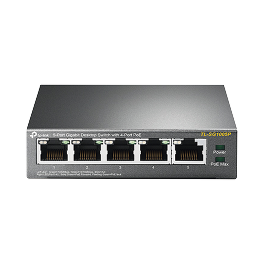 TL-SG1005P Switch Escritorio No Administrable de 5 puertos 10/100/1000 Mbps / Con 4 puertos PoE 802.3af/at de hasta 65 W / PoE Extendido hasta 250 metros