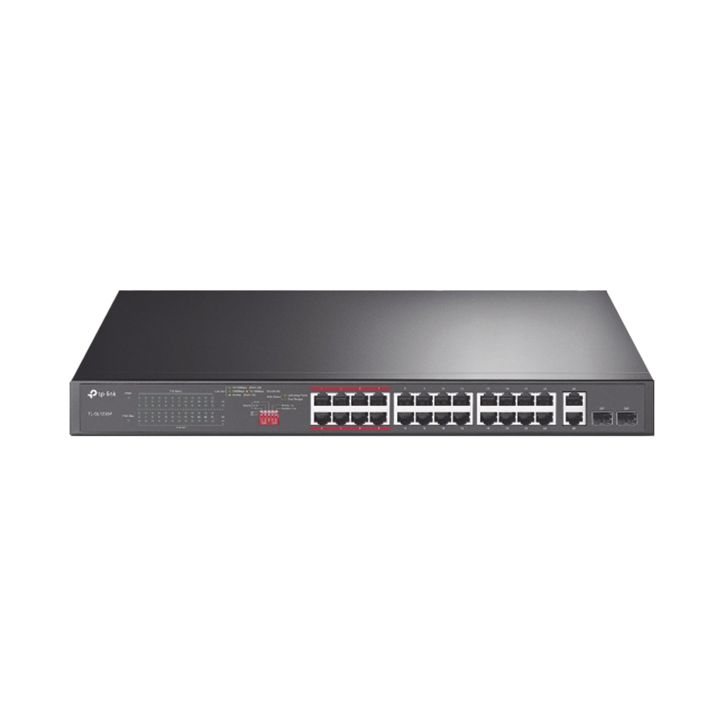 TL-SL1226P Switch No Administrable 24 Puertos PoE+ 10/100 Mbps / 2 Puertos 10/100/1000 Mbps + 2 Puertos SFP (combo) / Modo Prioridad de Tráfico / Modo Aislamiento de Red / Presupuesto PoE de 250 W / Diseño para Ideal para Vigilancia IP